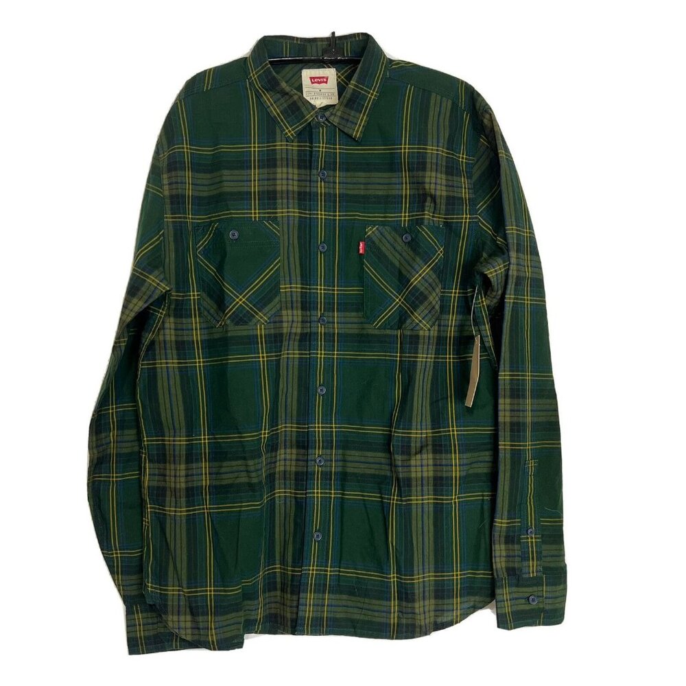 Levis Men's Collared Button Up Long Sleeve Green Yellow Shirt Size Medium